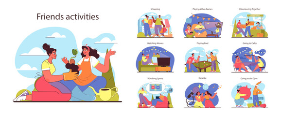Friends activities set. From gardening and shopping to volunteering and gym workouts. Diverse indoor and outdoor bonding experiences. Shared moments of leisure and lifestyle. Flat vector illustration.