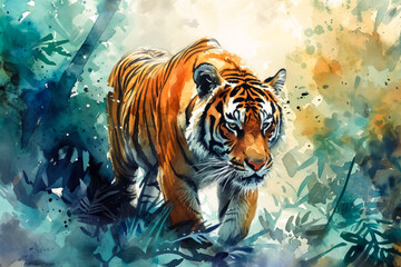 Watercolor portrait of a tiger walking through the jungle