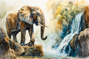 Fototapeta premium Watercolor portrait of an elephant standing at a waterfall