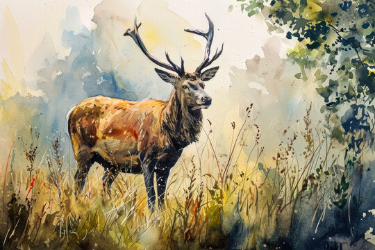 Watercolor portrait of a deer standing in a clearing