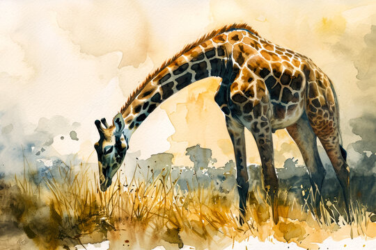 Watercolor portrait of a giraffe grazing on the savannah