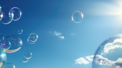 The background is a blue sky with some large bubbles and some small bubbles. White transparent bubbles. A clean background trend with larger bubbles.