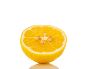 One half of a yellow juicy lemon, close-up, isolated on white.