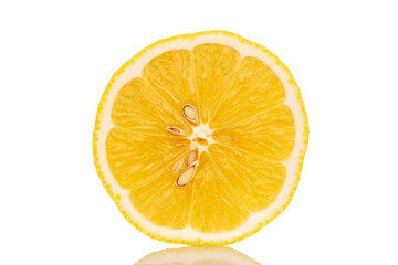 One half of a yellow juicy lemon, close-up, isolated on white.
