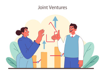 Joint Ventures concept. Professionals discussing growth strategies, showcasing rising graphs. Collaboration and partnership. Flat vector illustration.