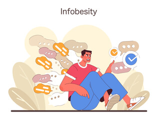 Infobesity concept. A person grappling with the stress of excessive data, illustrating the overwhelm of too much information. Challenges in managing digital consumption. Flat vector illustration