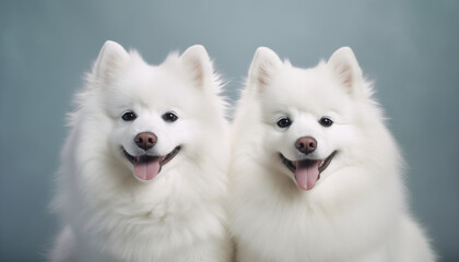 Fototapeta premium クローンのようにそっくりな2匹の白いポメラニアン