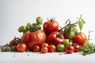 Group of vine tomatoes and vegetables against a white background. Generative AI