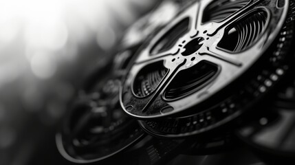 Close-up of a classic film reel in monochrome tones. - obrazy, fototapety, plakaty