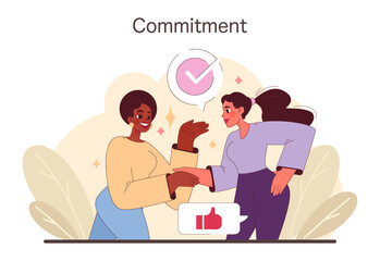 Bond of Commitment illustration. Two individuals engage in a handshake, encapsulating a moment of agreement and mutual dedication. A symbol of trust and partnership. Flat vector illustration