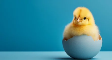 Foto op Plexiglas A small chicken in an eggshell on a blue background © Katya