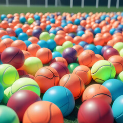 Fototapeta na wymiar Multi colored spheres of sport balls galore outdoors