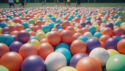 Multi colored spheres of sport balls galore outdoors