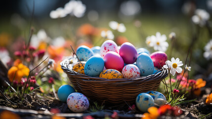 Close up of colorful Easter eggs in a basket with flowers