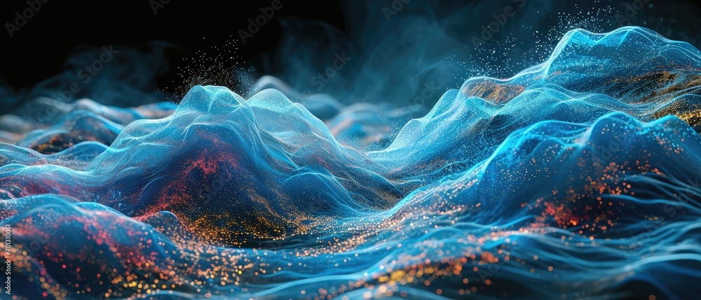 Poster Mesmerising and sparkling sound wave 3d illustration of sound motion.