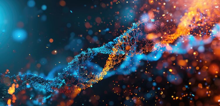 Sparkling DNA strands in a vivid abstract setting.
