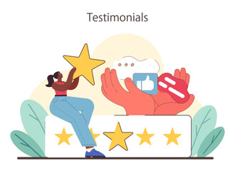 Social proof and reviews concept. Capturing customer experiences with star ratings and social media reactions. Consumer satisfaction visualized. Flat vector illustration.