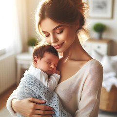Loving mom carying of her newborn baby at home. Bright portrait of happy mum holding sleeping infant child on hands, Ai Generative