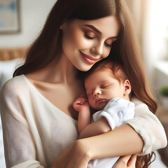 Fototapeta na wymiar Loving mom carying of her newborn baby at home. Bright portrait of happy mum holding sleeping infant child on hands, Ai Generative