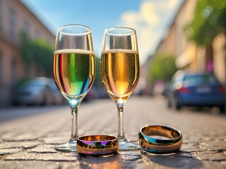 two champagne glasses on the street and ring background, with rainbow in the background, wedding, lgbt love
