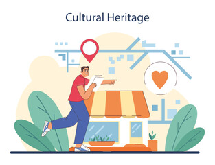 Tourism. People traveling the world seeing attractions and cultural heritage. Traveler booking a hotel and packing a baggage. Active lifestyle. Flat vector illustration