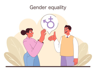 A man and woman collaborate, holding symbols of male and female, championing mutual respect and understanding. Unity in diversity. Gender balance. Flat vector illustration.