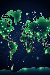 Digital world map with glowing connections, symbolizing global communication