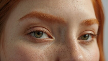 Intimate close-up of a young ginger woman with a serene expression, her freckles and blue-green eyes highlighted against her smooth skin and curly auburn locks.