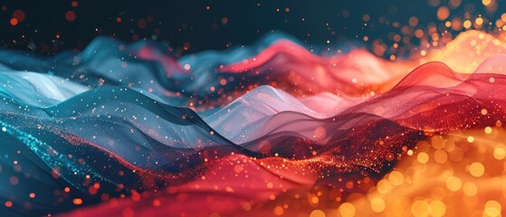 A mesmerising abstract wave pattern with sparkling red and blue lights creating a festive, glowing background. - obrazy, fototapety, plakaty