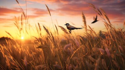 Sunset in the field. Beautiful field with birds at sunset with clouds in the back. Beautiful wallpapers, textures and backgrounds