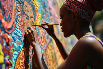 A woman artist creating a vibrant mural that pays homage to African culture and history