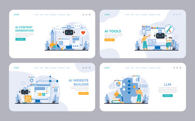 Obraz na płótnie Canvas AI Tools web or landing page set. Showcases a range of AI applications for content, web development, and data analysis. Essential for modern digital solutions. Flat vector illustration.