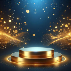 Empty podium golden on blue background with light neon effects with bokeh decorations. Luxury scene design concept. Ai Generative