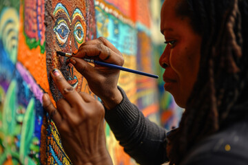 A woman artist creating a vibrant mural that pays homage to African culture and history