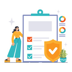 Internal Controls concept. Confident woman stands by checklist, showcasing company's robust financial and operational checks. Shield signifies protection. Flat vector illustration.
