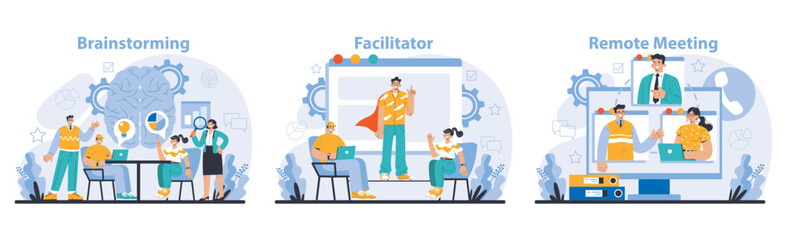 Business meeting set. Dynamic brainstorming sessions, skilled facilitation, and effective remote meetings. Collaboration and creativity in the digital age. Flat vector illustration.