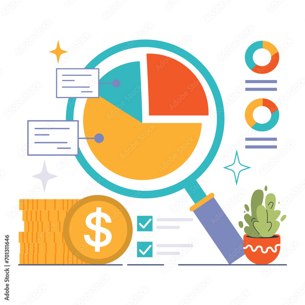 Poster processes improvement concept. magnifying glass over pie chart displaying analysis, alongside coin s