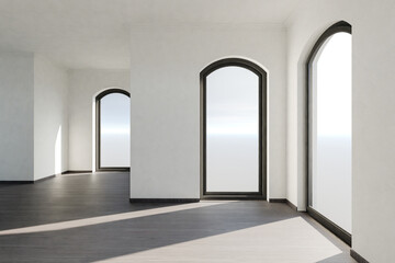 empty luxurious loft apartment with floor-to-ceiling windows and panoramic view; modern minimalistic interior design; bright daylight; 3D rendering