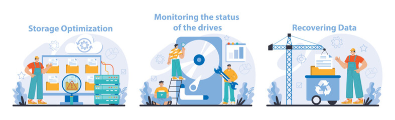Data Storage management set. Enhancing server efficiency, ensuring drive health, and robust data recovery. Technical processes for optimized storage solutions. Flat vector illustration.