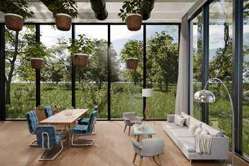 large modern contemporary loft with couch and dining table and indoor plants vertical garden; panoramic view rural landscape; sustainability work environment; 3D rendering