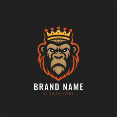 Vintage gorilla wearing king's crown mascot vector logo design. Retro minimalist monkey head illustration as company brand identity. Vector illustration.