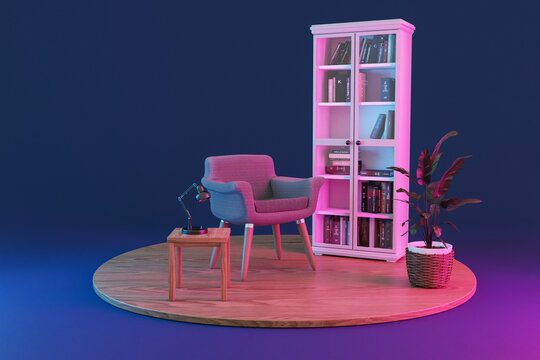 cozy armchair in clean comfortable reading corner; white bookshelf on wooden podest and infinite background; 3D rendering