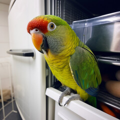 a parrot sitting in the freezer