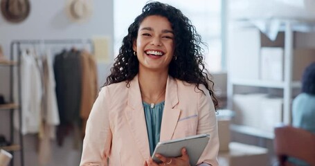 Woman, fashion designer and tablet for small business e commerce, startup or online shop management in office. Face of happy young seller on digital technology for clothes logistics and courier boxes