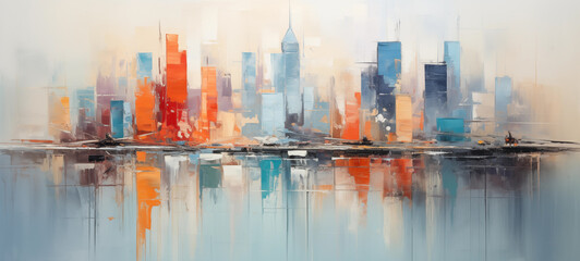 Abstract oil painting of skyline city with reflection on water - obrazy, fototapety, plakaty