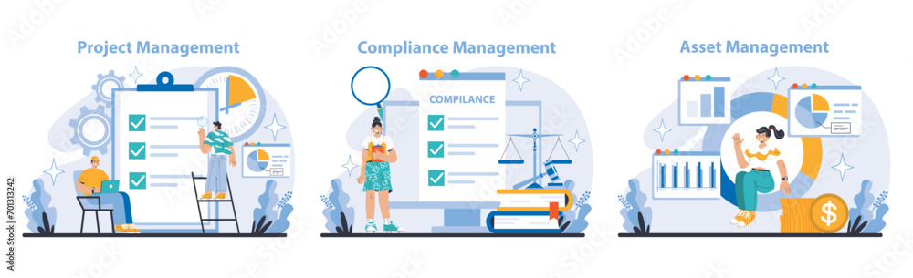 Aufkleber management and support set. project checkpoints, compliance adherence, and financial asset oversight