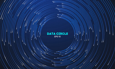 Circular data swirl on dark blue technology background. Hurricane vortex concentric lines