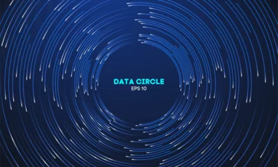 Fotobehang Circular data swirl on dark blue technology background. Hurricane vortex concentric lines © RDVector