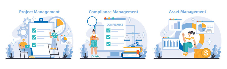 Management and Support set. Project checkpoints, compliance adherence, and financial asset oversight in business operations. Strategy execution and regulatory alignment depicted. vector illustration. - obrazy, fototapety, plakaty
