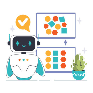 Data classification concept. A friendly robot engages in machine learning, effectively sorting diverse shapes for smarter technology. Flat vector illustration